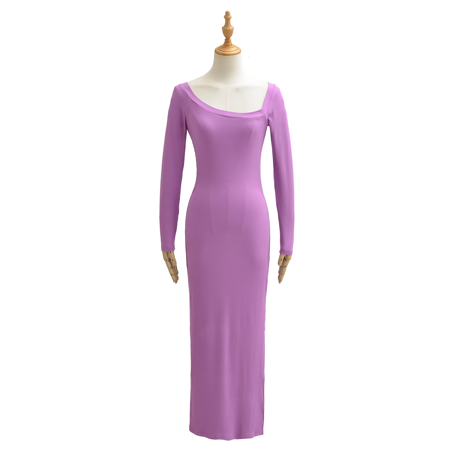 Bodycon Long Sleeve Ribbed Dress - Geripptes Kleid für Damen, quadratischer Ausschnitt,