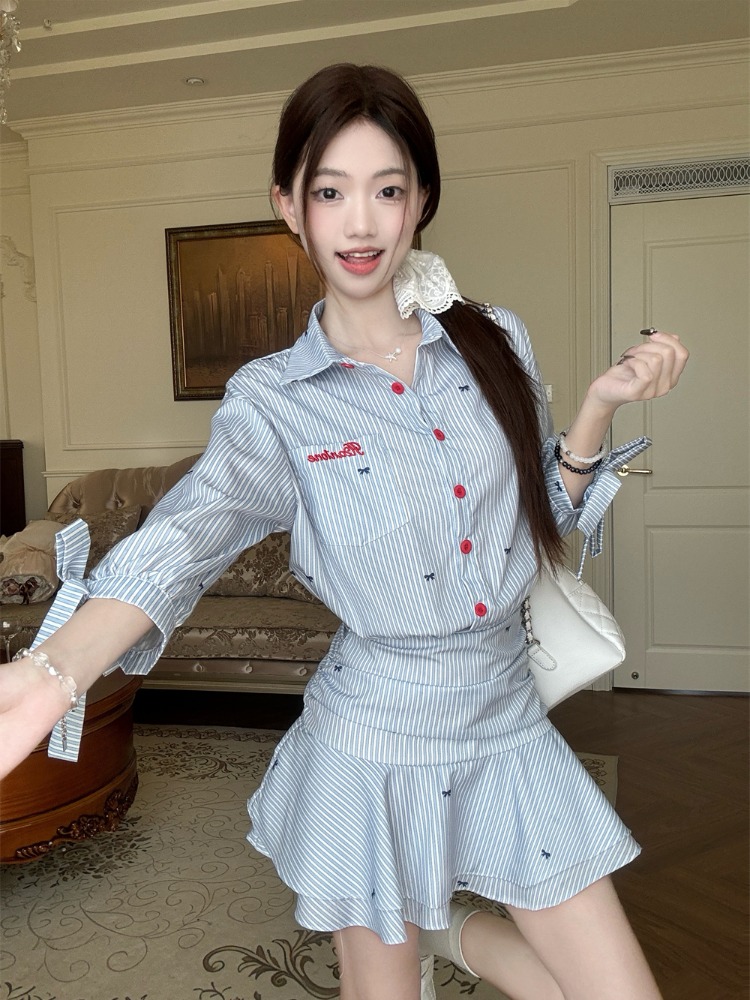 Korean Style A Line Shirt Dress - Koreanischer Stil Lässiges Gestreiftes Hemdkleid Blau