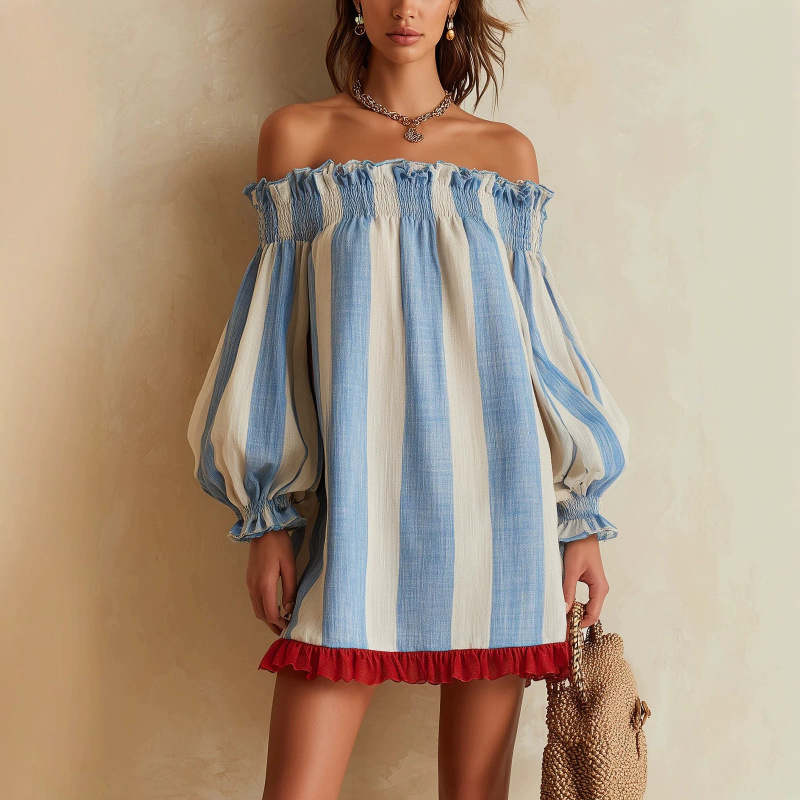 Off Shoulder Puff Sleeve Sundress - 2026 Damen Off-Shoulder-Kleid Blau-Beige Gestreift Puffärmel