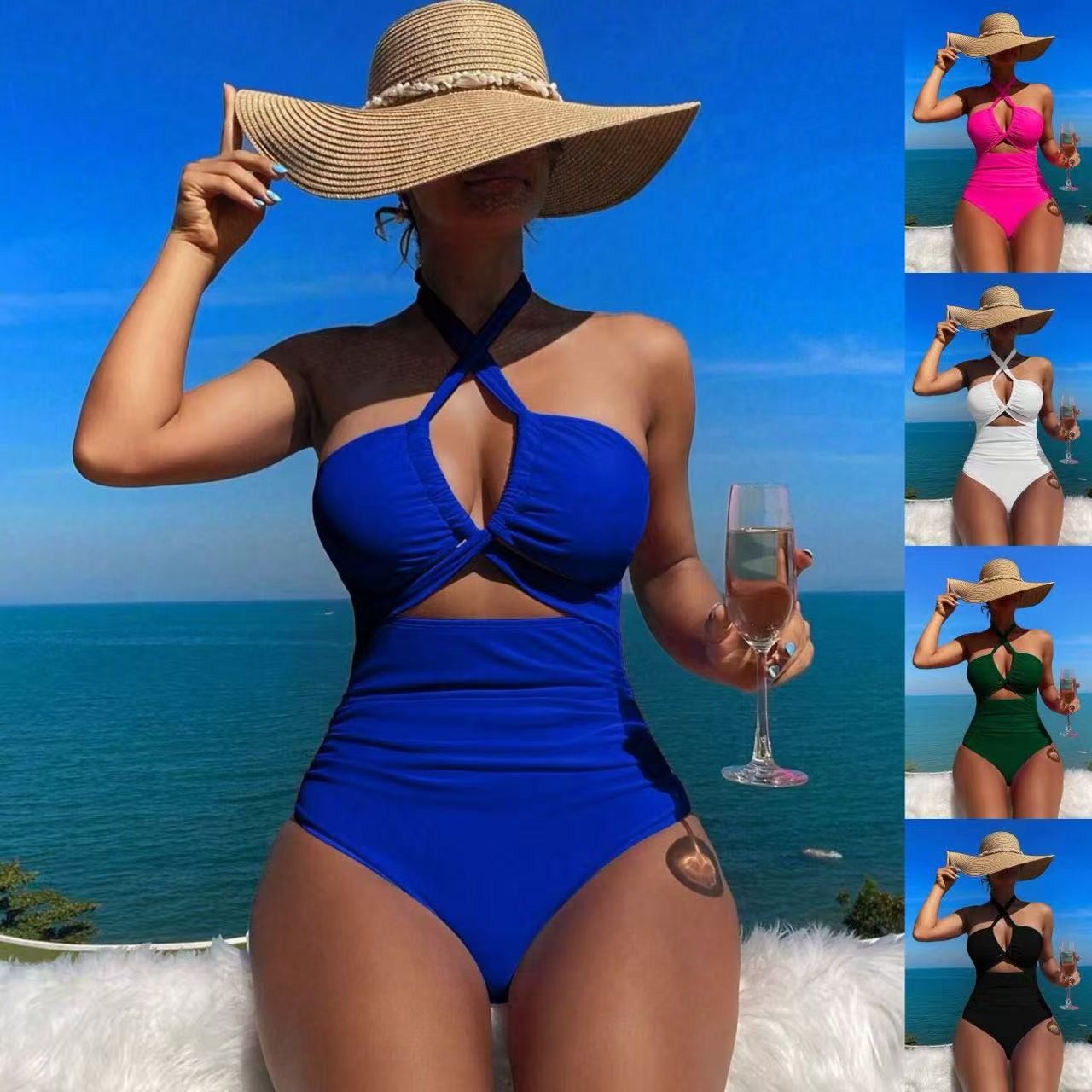 Swimwear - Damen Badeanzug mit Neckholder, einfarbig, rückenfrei,