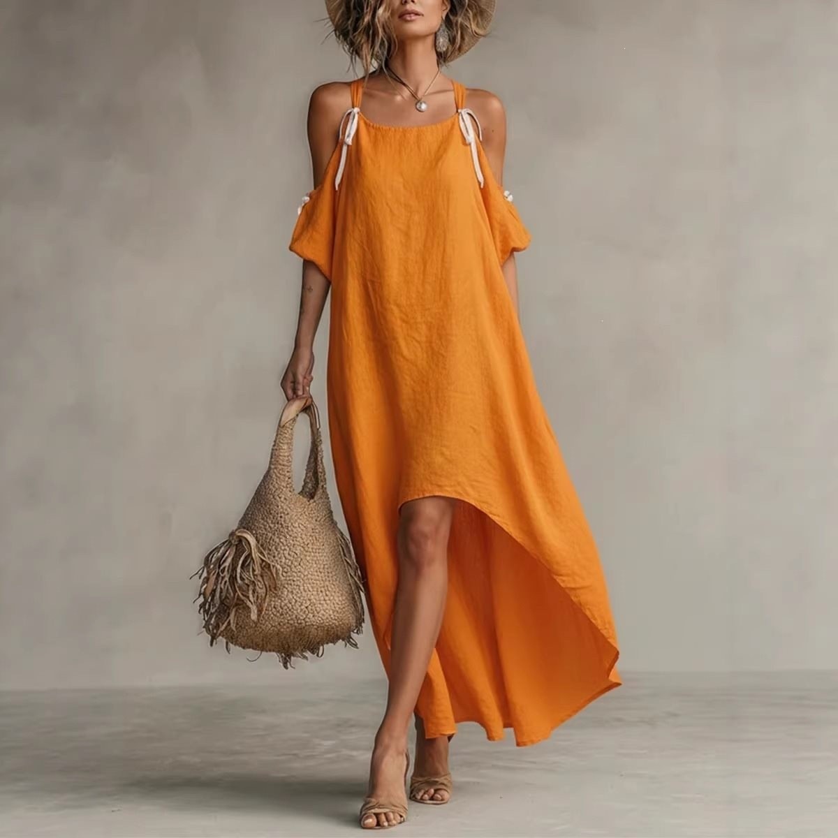 Off Shoulder Puff Sleeve Sundress - Sommerkleid für Damen mit Puffärmeln und
