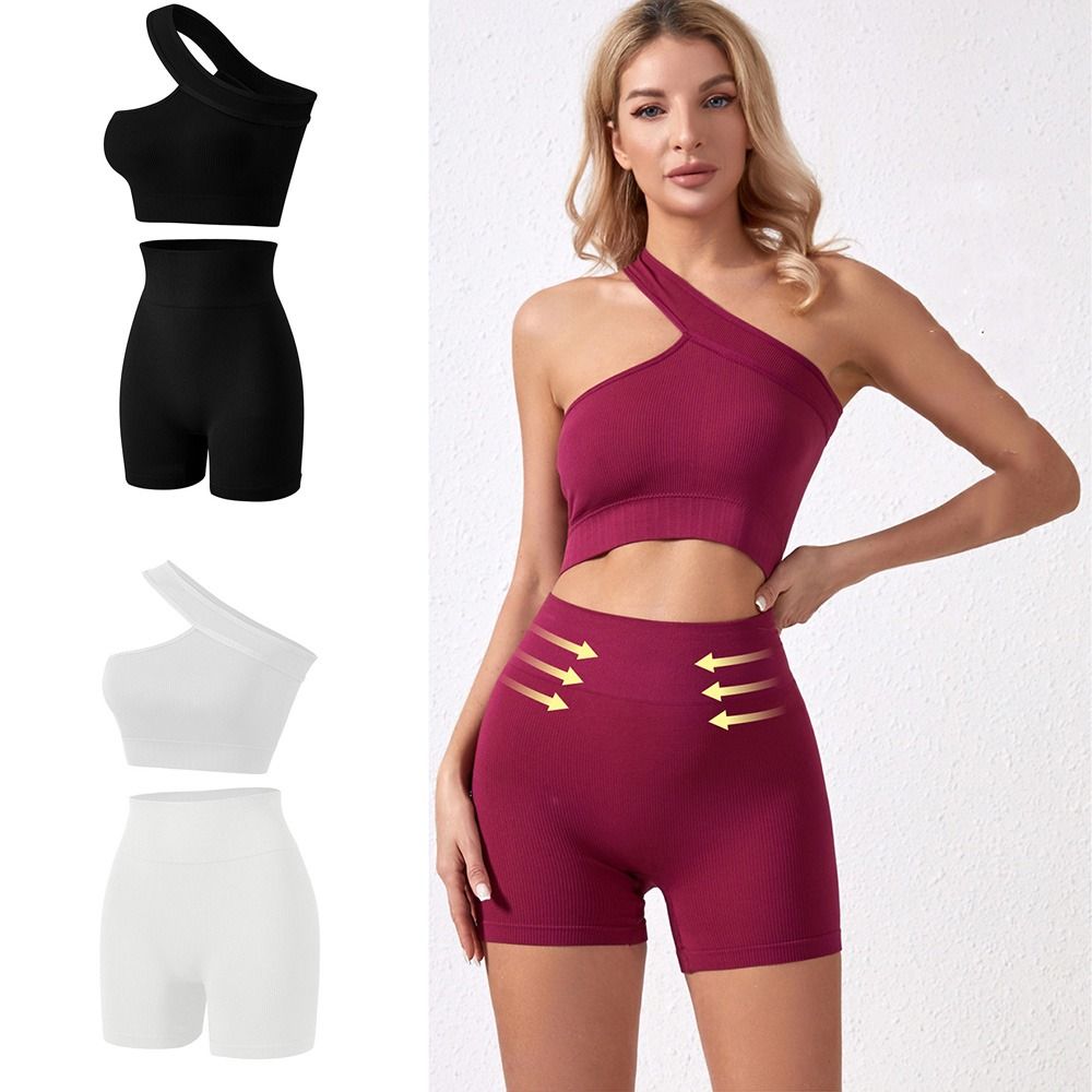 Seamless Ribbed Workout Tank Top - 2-teiliges Komfortables Nahtloses Damen-Workout-Set, Hochgeschnittene Gerippte
