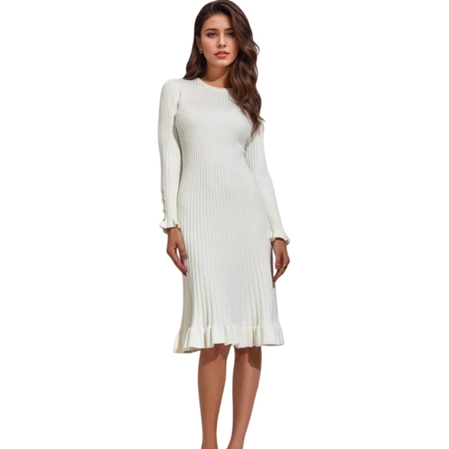Bodycon Long Sleeve Ribbed Dress - Geripptes, langärmliges, figurbetontes Damenkleid aus Strick