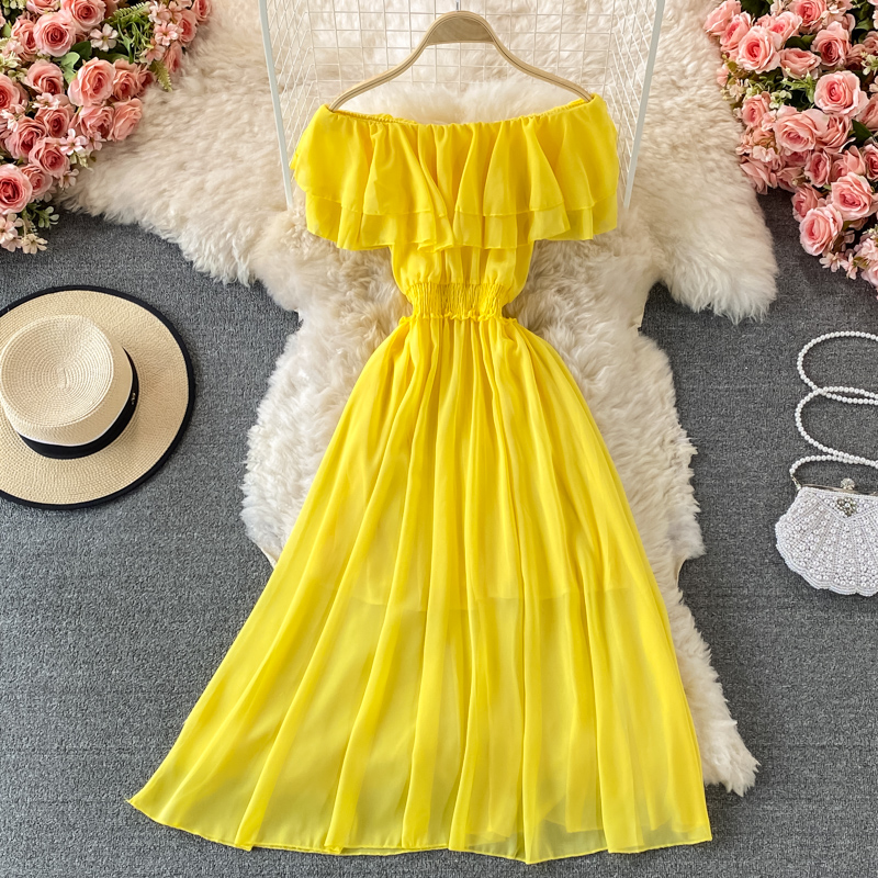 Off Shoulder Puff Sleeve Sundress - Gelbe feste Frauen Strand kleid für