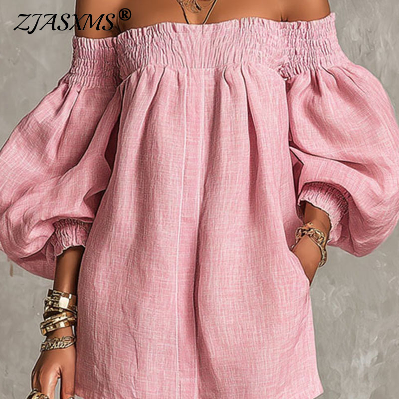 Off Shoulder Puff Sleeve Sundress - Damenkleid mit Schulterfreiem Ausschnitt, Langen Puffärmeln,