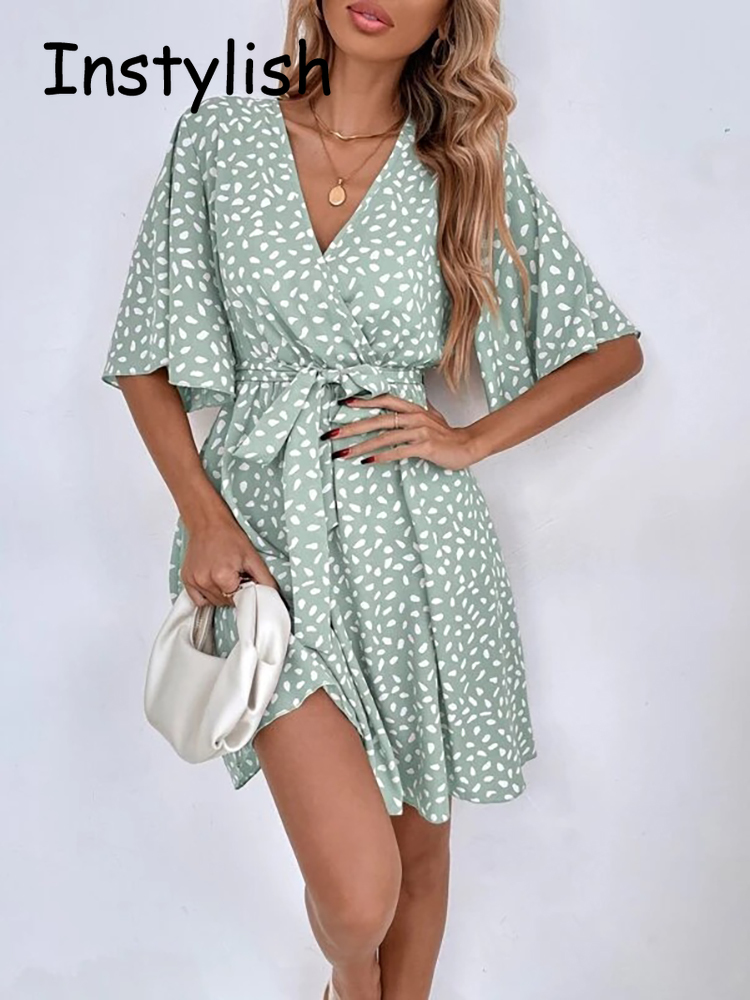 French Vintage Floral Midi Dress - Lässiges Mini kleid mit Punkt druck
