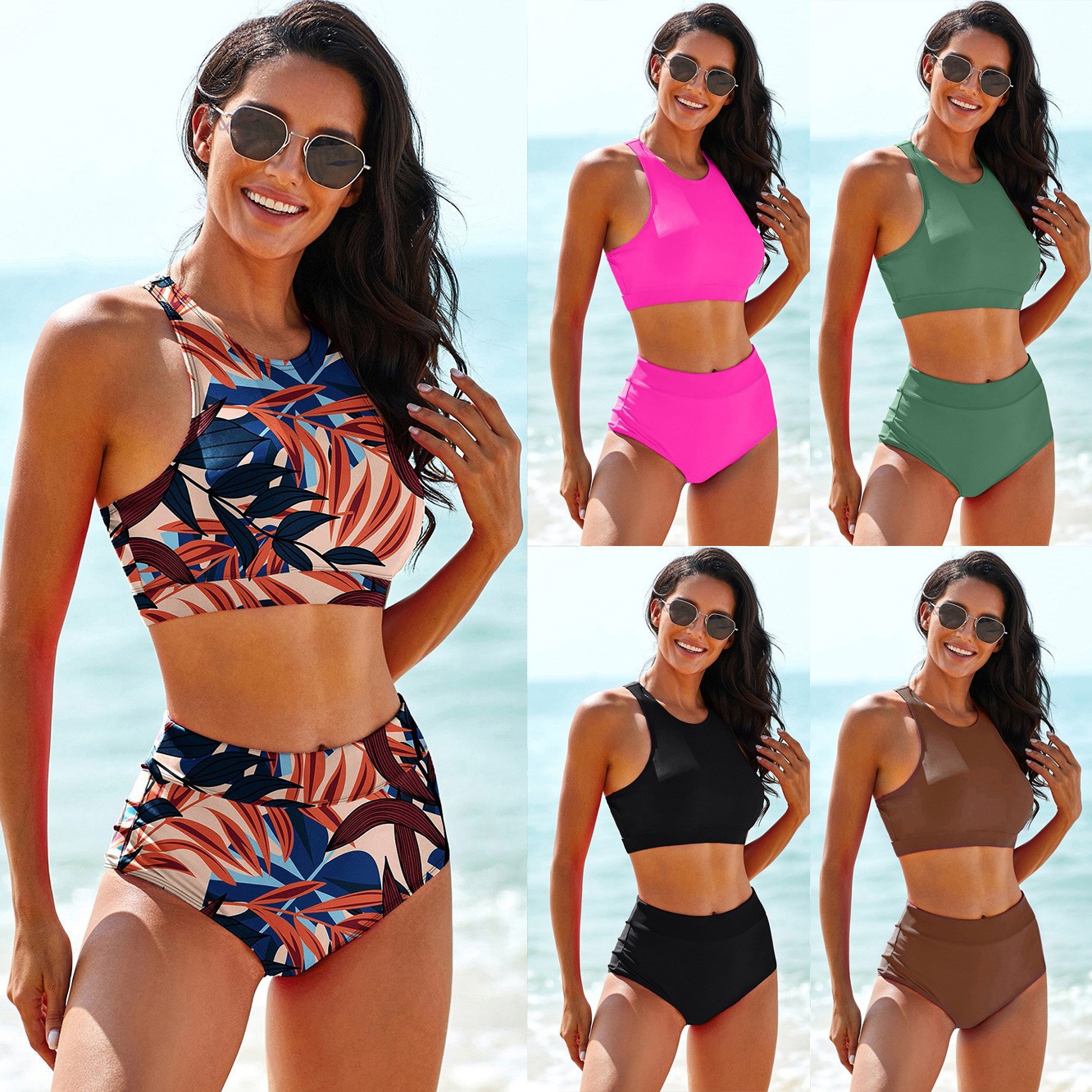 Tops - Damen-Badeanzüge, einfarbig, Tankini, tropischer Druck, bauchfreies