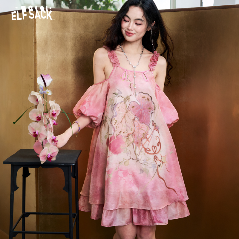 Off Shoulder Puff Sleeve Sundress - ELFSACK Tie-Dye-Jacquard-Chiffon-Kleid für Damen, schulterfreies Neckholder-Midi-Sommerkleid