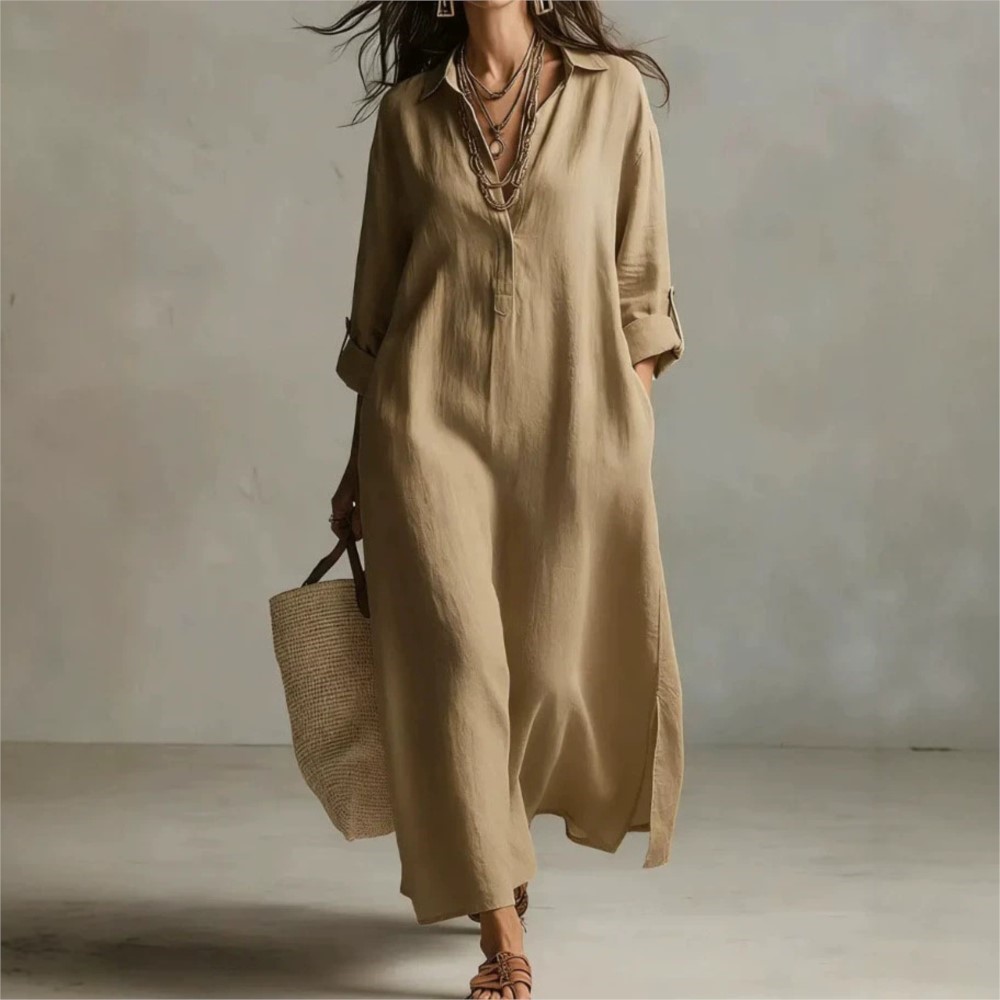 Casual Loose Linen Shirt Dress - Damen Vintage Leinen-Hemdkleid mit Reverskragen, Knöpfen,