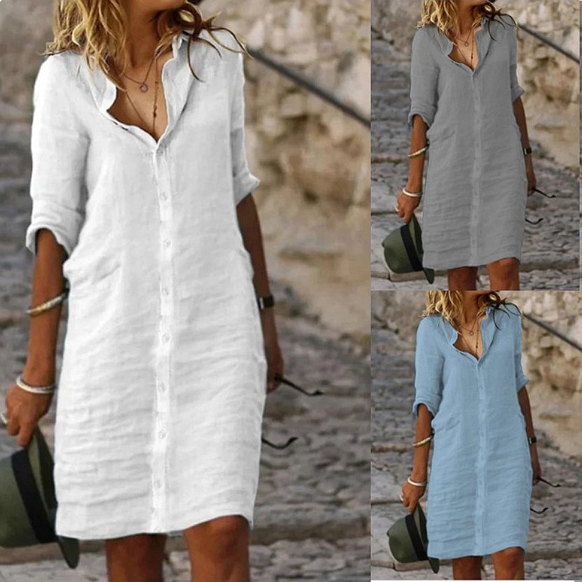 Casual Loose Linen Shirt Dress - Locker geschnittenes Midi-Hemdkleid mit Knöpfen aus