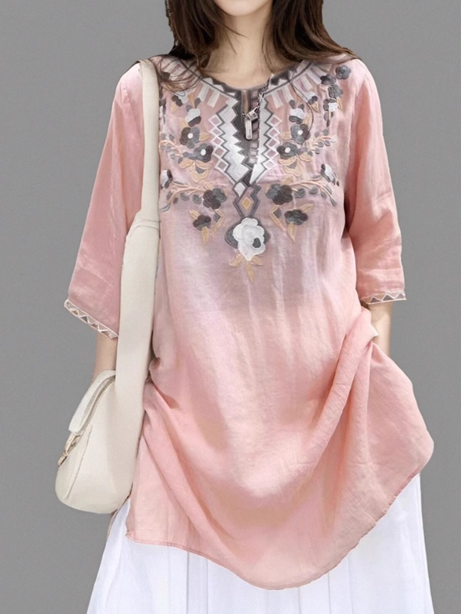 Casual Loose Linen Shirt Dress - Elegantes Besticktes Leinen-Hemdkleid für Damen, Sommerliches
