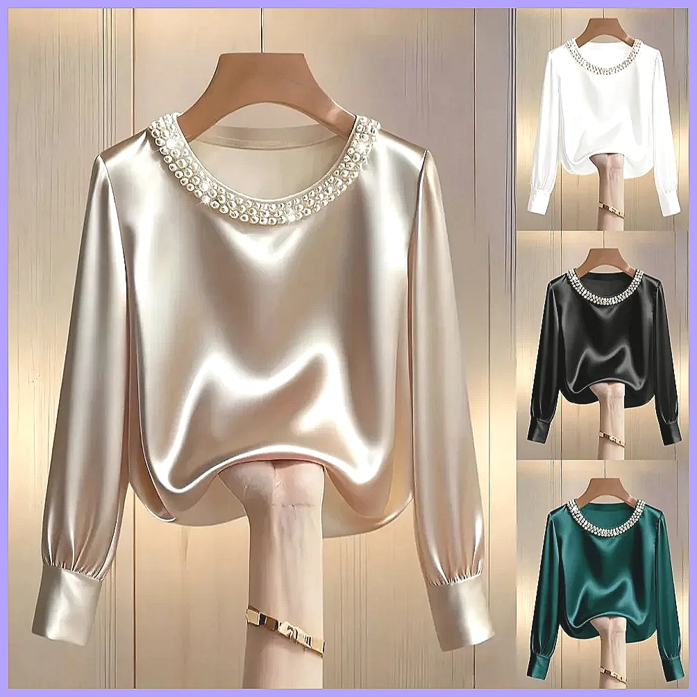 Blouses - Elegante Perlenbesetzte Satin-Bluse für Damen, Locker