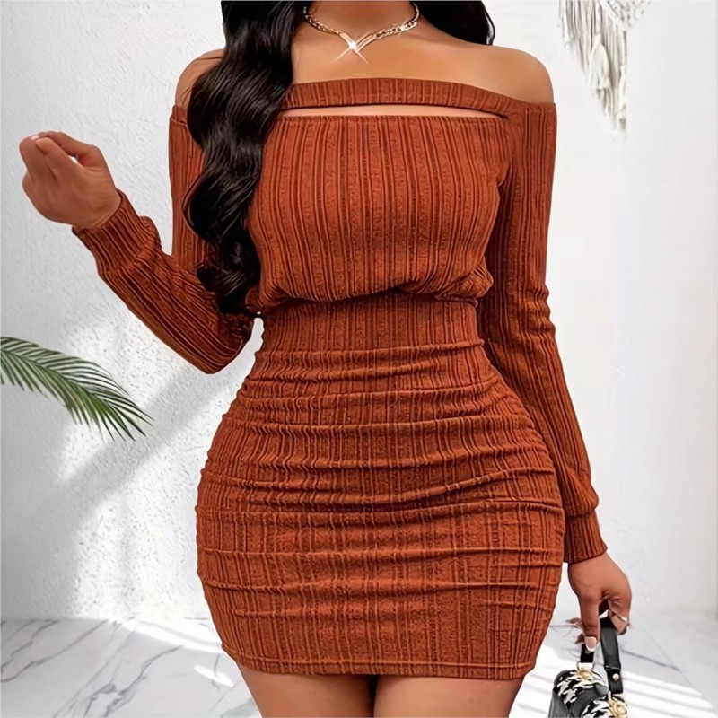 Bodycon Long Sleeve Ribbed Dress - Damenmode-Kleid für Frühling und Herbst, elegant,