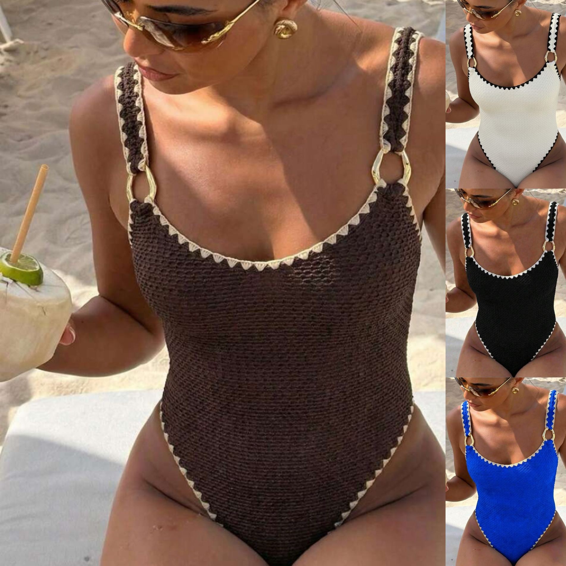 Swimwear - Damen-Bademode, Badeanzug, ärmellos, einfarbig, hohe Taille,