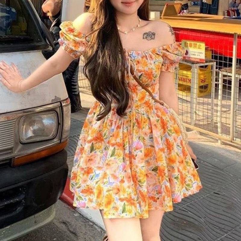 Off Shoulder Puff Sleeve Sundress - Damen-Minikleid mit orangefarbenem Blumendruck, schulterfrei, Puffärmel,