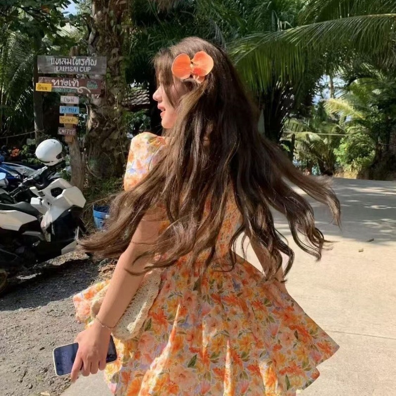 Off Shoulder Puff Sleeve Sundress - 2026 Neues Orangefarbenes Blumenprint Off-Shoulder Mini-Kleid