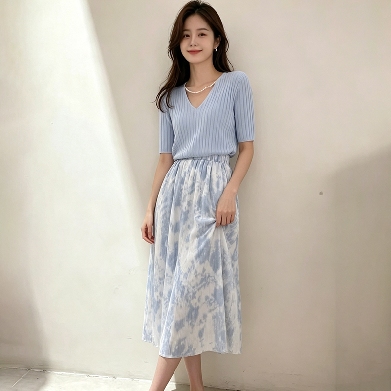 Korean Style A Line Shirt Dress - 2026 Sommer Elegantes Kurzarm-V-Ausschnitt-T-Shirt-Kleid-Set für Damen