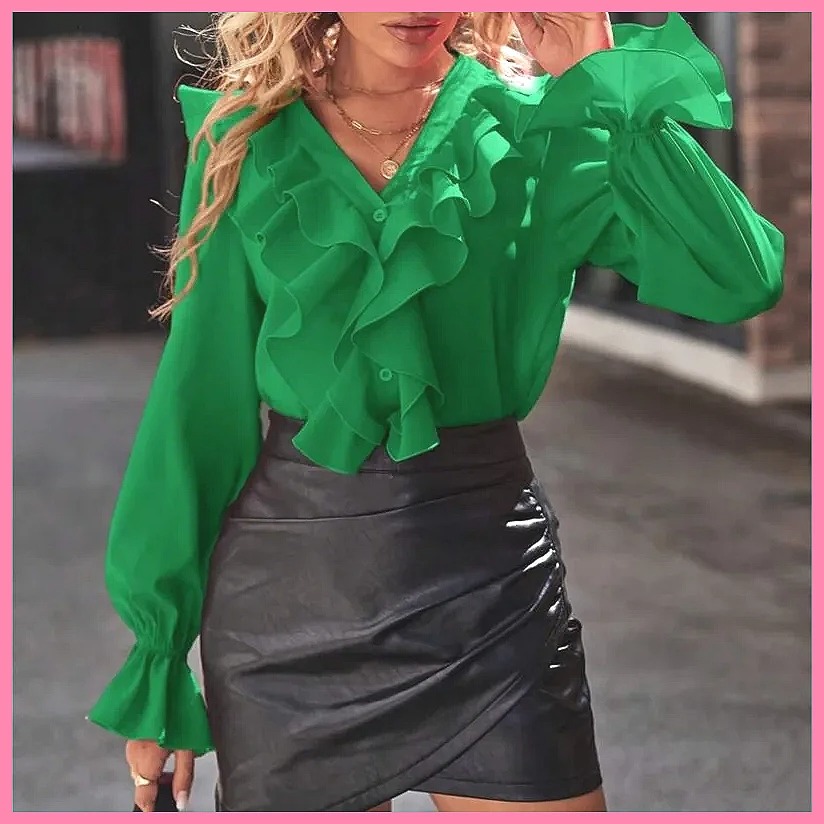 Blouses - 2025 Modische V-Ausschnitt Bluse mit Rüschen