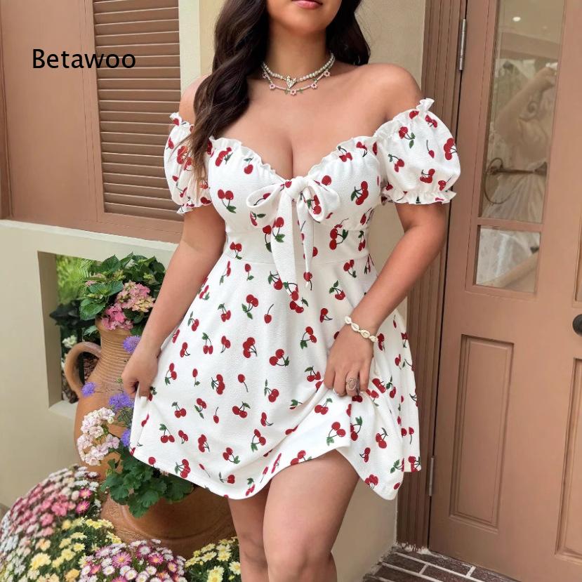 Off Shoulder Puff Sleeve Sundress - Schulterfreies Minikleid mit Blumenmuster für Damen,