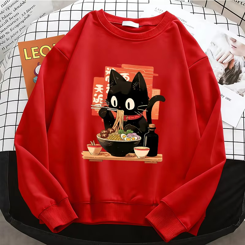 Dresses - Lustiger schwarzer Pullover mit Lamian-Nudel-Katzen-Print im