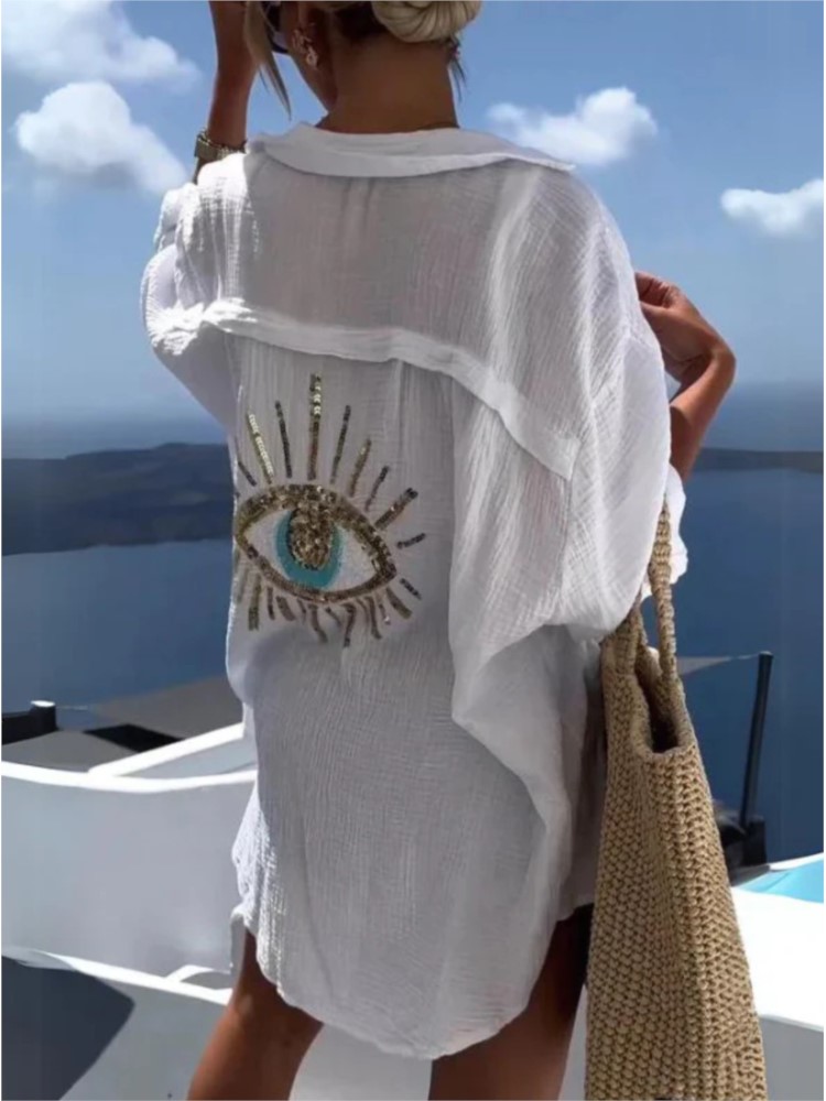 Casual Loose Linen Shirt Dress - Frühling Sommer lässig Pailletten Auge Hemd