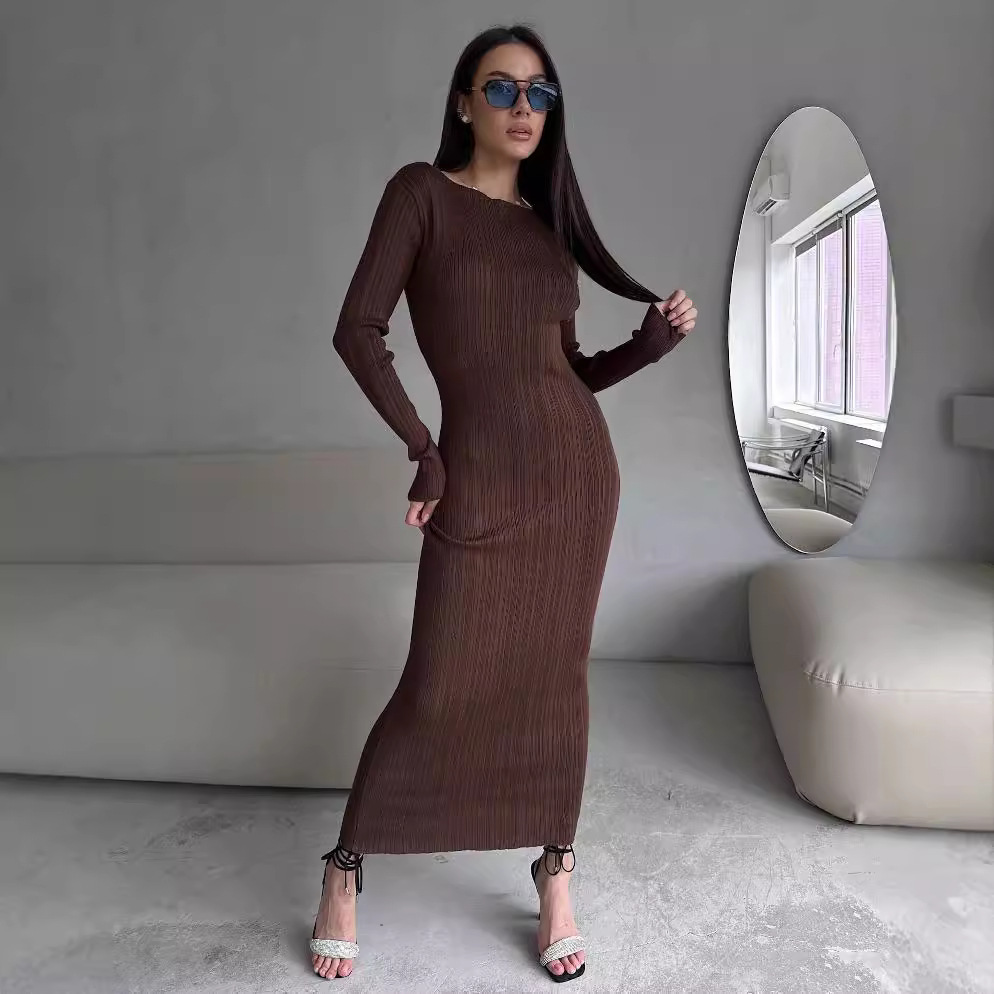 Bodycon Long Sleeve Ribbed Dress - Elegantes Damenkleid mit Rundhalsausschnitt, Taillenschnürung, Figurformendem