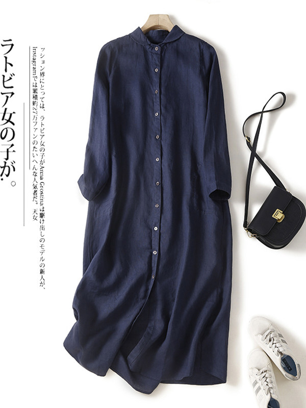 Casual Loose Linen Shirt Dress - Lässiges Baumwoll-Leinen-Hemdkleid mit Schlankheits-Effekt, Langen Ärmeln,