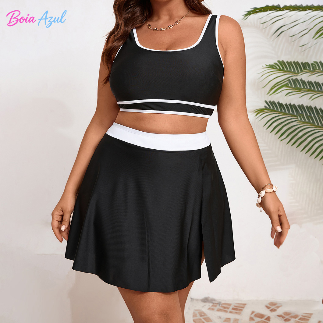 Dresses - Plus-Size-Tankini in Schwarz-Weiß-Kontrast, zweiteiliger Badeanzug, U-Ausschnitt,