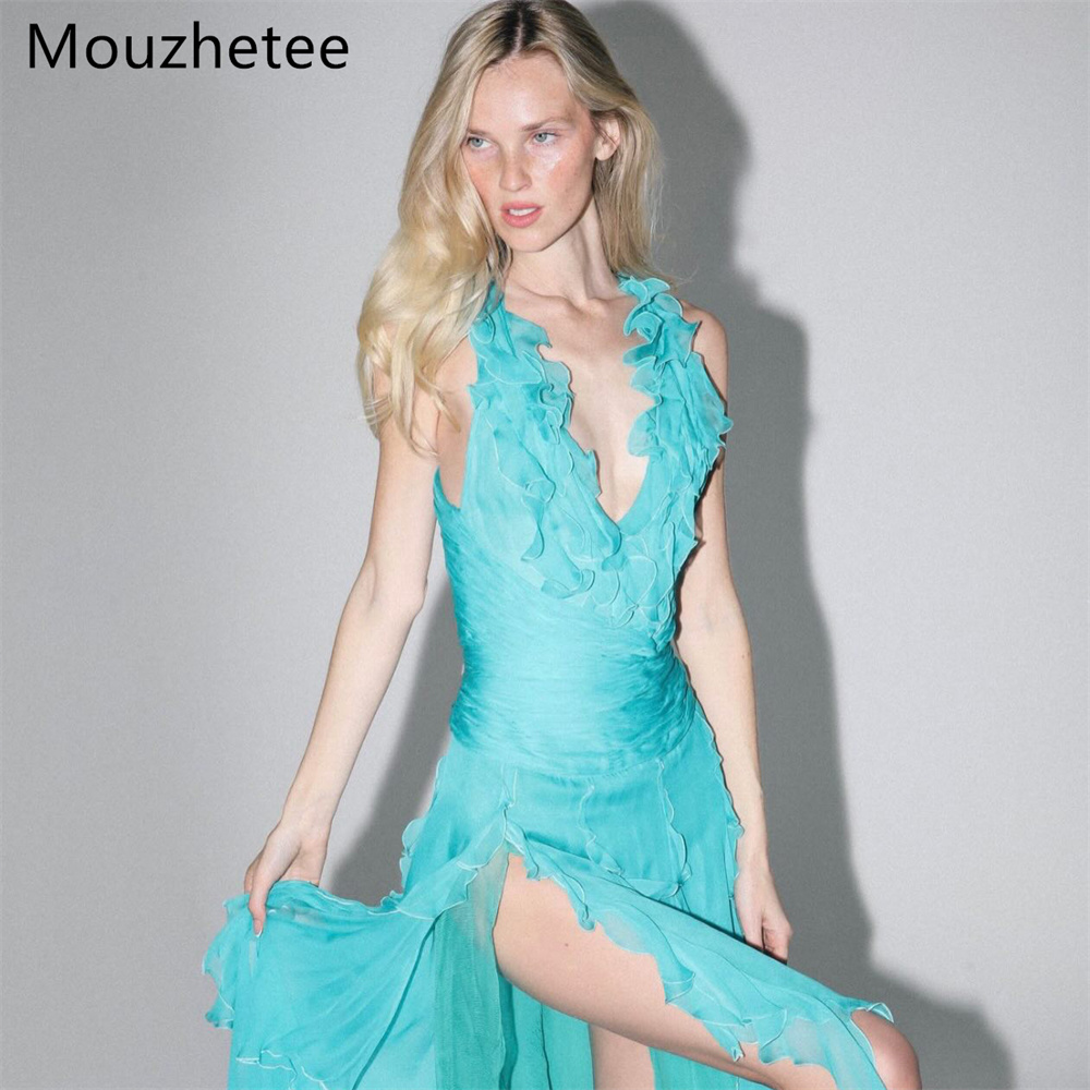 Elegant Satin Evening Gown Split - Mouzhetee Einfache A-Linie-Abendkleider mit V-Ausschnitt und