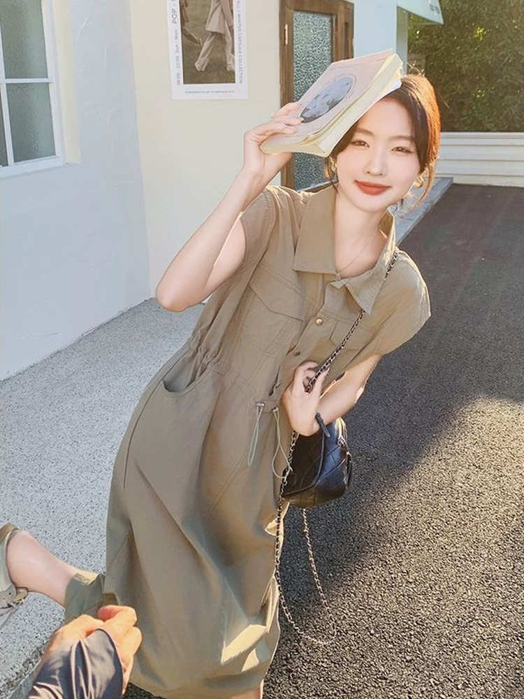 Korean Style A Line Shirt Dress - Schlankmachendes Übergrößen-Hemdkleid im koreanischen Stil für