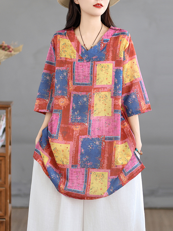 Casual Loose Linen Shirt Dress - Lässiges Leinen-Print-Top, Vintage, locker geschnitten, V-Ausschnitt,