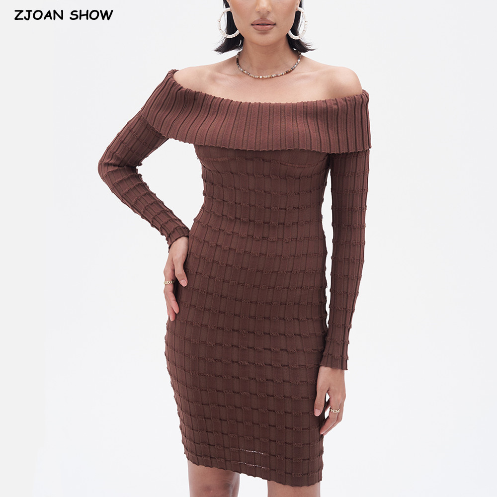Bodycon Long Sleeve Ribbed Dress - 2023 Sexy Geraffte Slash Schulter Quaste