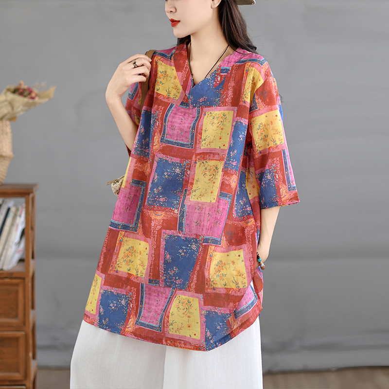 Casual Loose Linen Shirt Dress - Lässiges Baumwoll-Leinen-Print-Retro-Hemdkleid mit lockerem V-Ausschnitt, Midi-Länge,