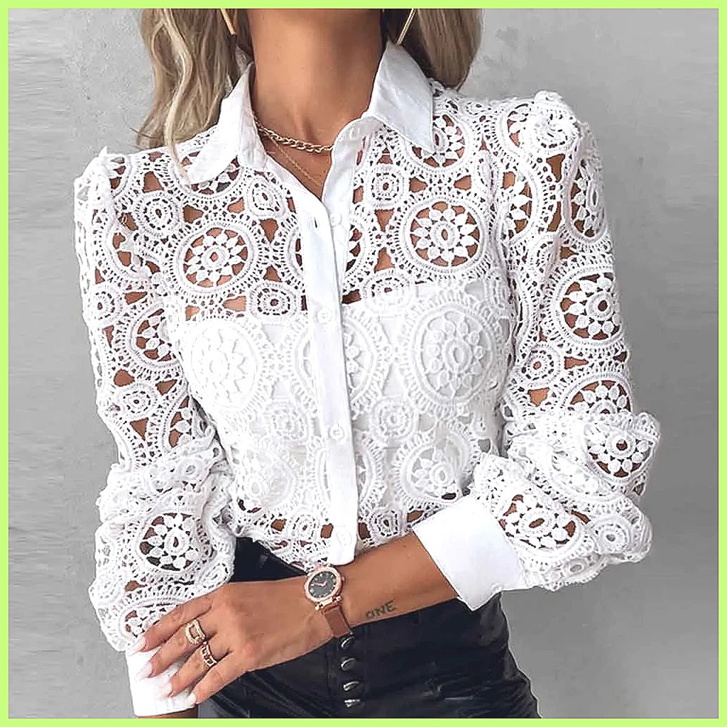 Blouses - 2025 Damen Weiße Spitzenbluse, Elegantes Ausgeschnittenes