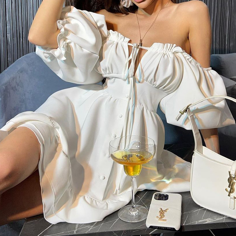 Off Shoulder Puff Sleeve Sundress - Damen Off-Shoulder Mini-Kleider Sommer Einfarbiges Sommerkleid