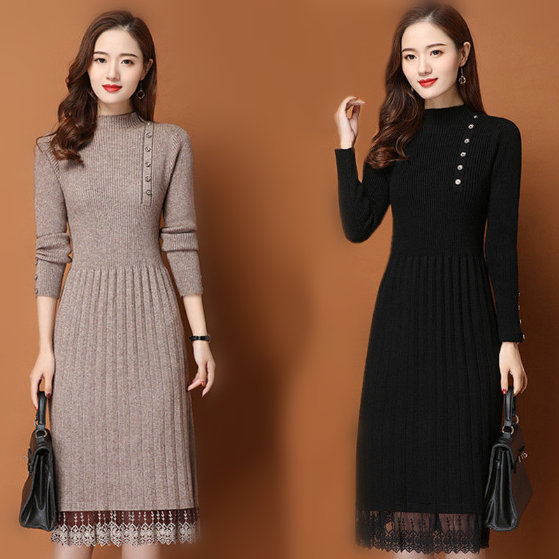 Bodycon Long Sleeve Ribbed Dress - Spitze Saum Knöpfe Frauen Herbst Winter
