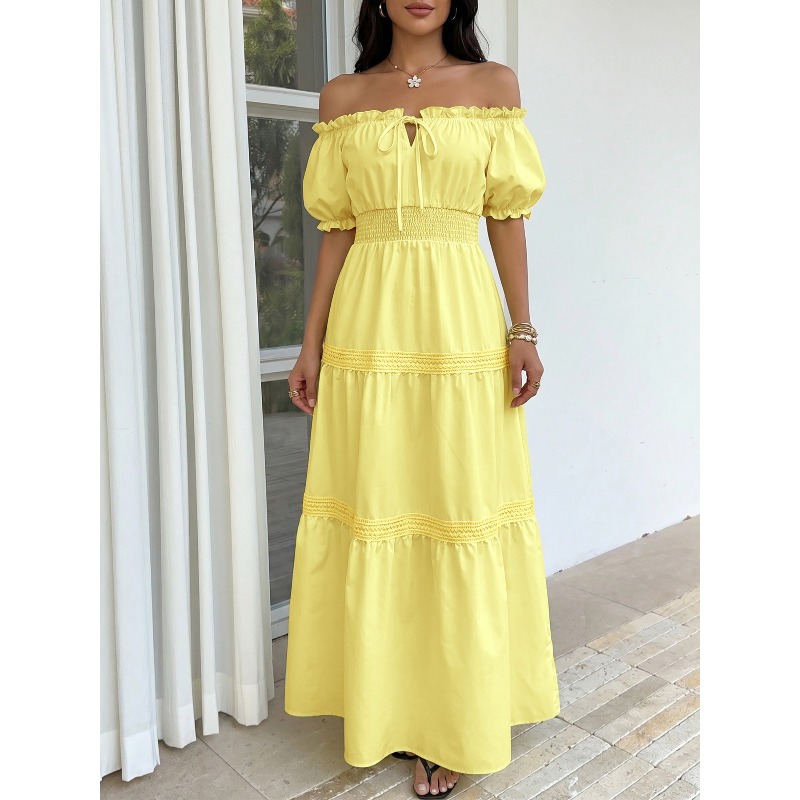 Off Shoulder Puff Sleeve Sundress - Sommerliches Boho-Kleid für Damen in Gelb