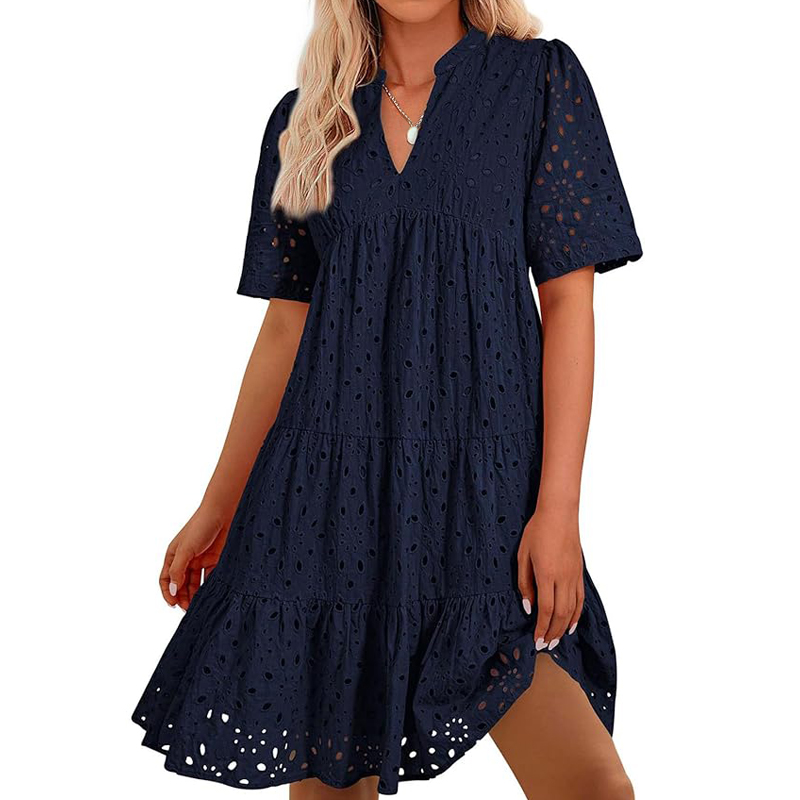 French Vintage Floral Midi Dress - Damen Boho Sommer V-Ausschnitt Kurzarm Hohles