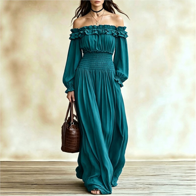 Off Shoulder Puff Sleeve Sundress - Schulterfreies Modisches Maxikleid für Damen, Herbst,