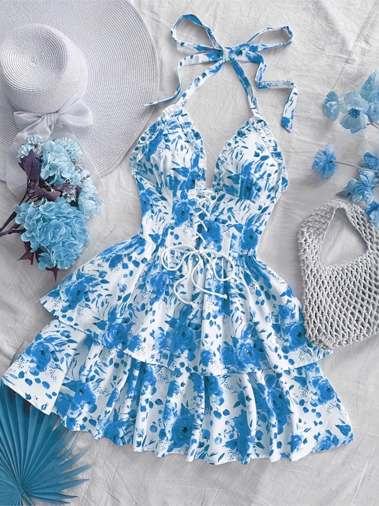 French Vintage Floral Midi Dress - Damen Urlaubsstil Retro Kurzkleider Mode Aquarell-Rosendruck