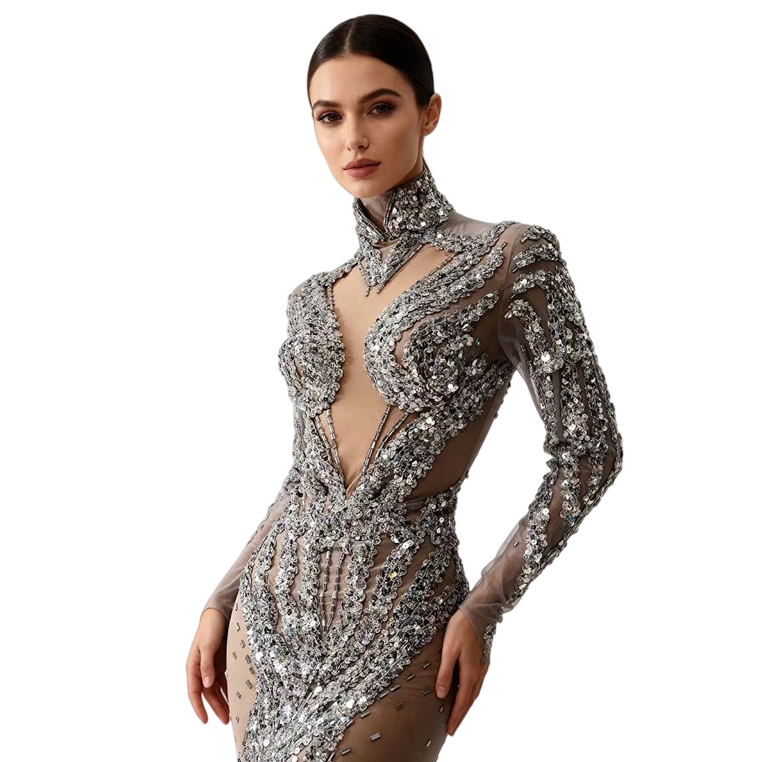 Sparkly Rhinestone Club Party Dress - Silberne glitzernde Pailletten, durchsichtig, figurbetontes Minikleid,