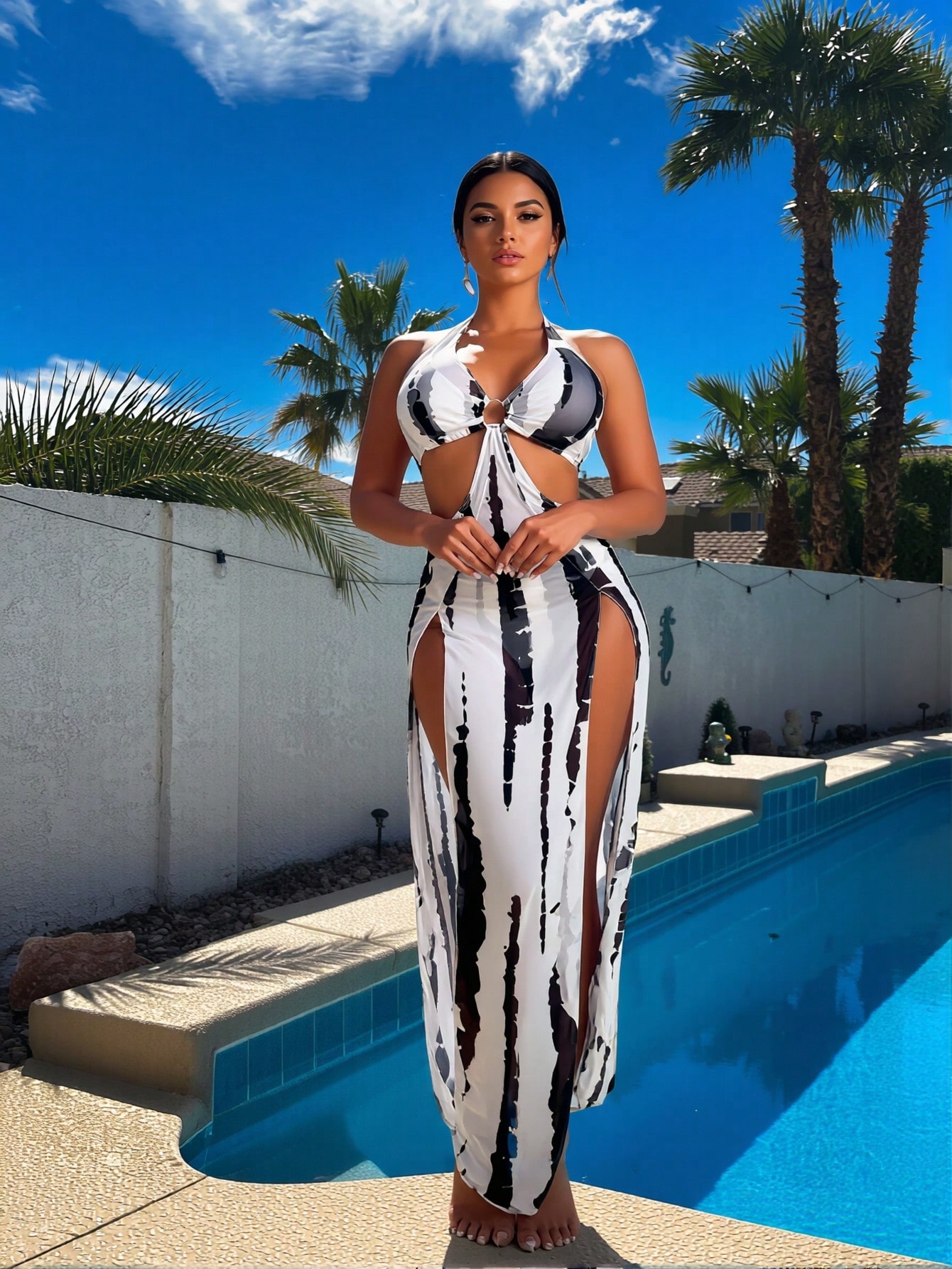 Dresses - Neues schwarz-weißes Tie-Dye 3-teiliges Bikini-Set, Neckholder-Kleid