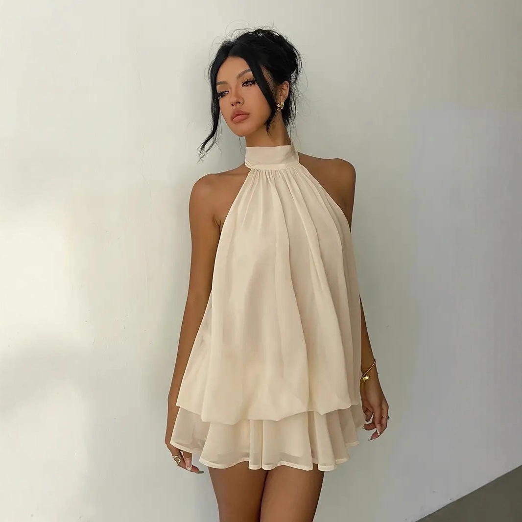 Y2K Backless Halter Mini Dress - Damen Neckholder-Kleid Rückenfreies Vorne Gebundenes Chiffon-Kleid