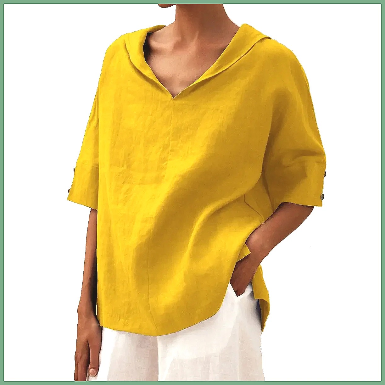 Blouses - Damen Locker Sitzende V-Ausschnitt Baumwoll-Leinen-Bluse 2026,