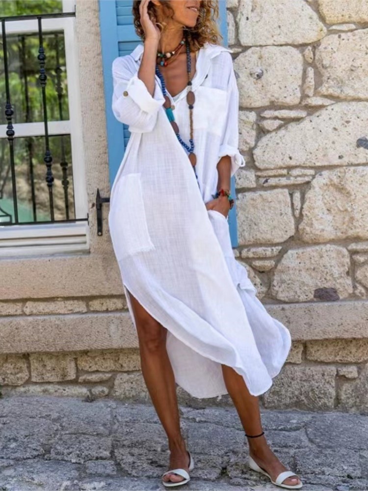 Casual Loose Linen Shirt Dress - Weißes Damen-Hemdkleid, einfarbig, Knopfleiste, geteilt, lockeres