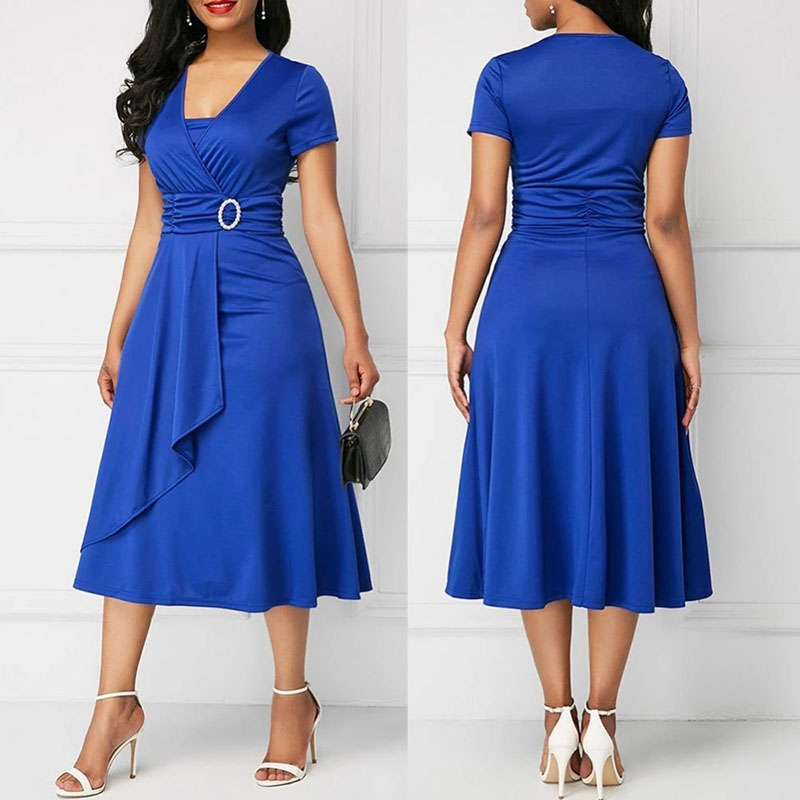 French Vintage Floral Midi Dress - We.Fine Kleid Frauen Einfarbig Kurzarm V-ausschnitt