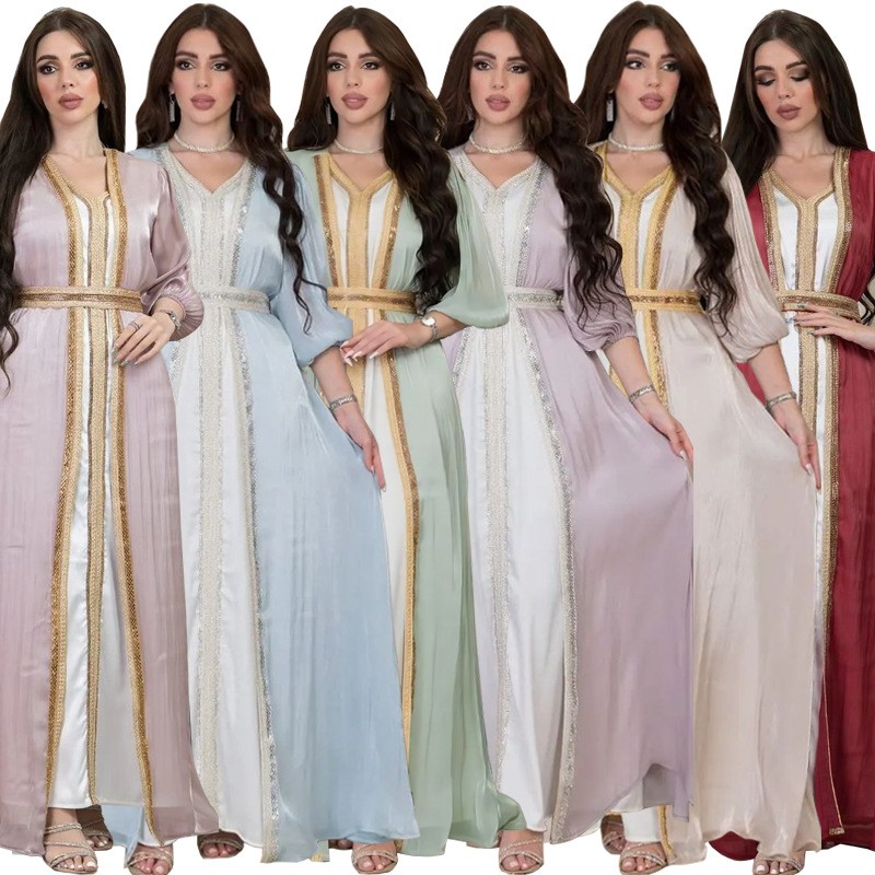 Dresses - Lavendel-Paillettenkleid mit V-Ausschnitt, Puffärmeln, Satinstoff, Gürtel