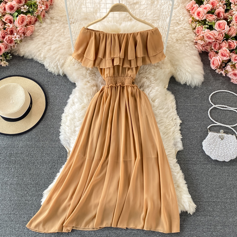 Gelbe feste Frauen Strand klei – Off Shoulder Puff Sleeve Sundress Bewertung und Preis