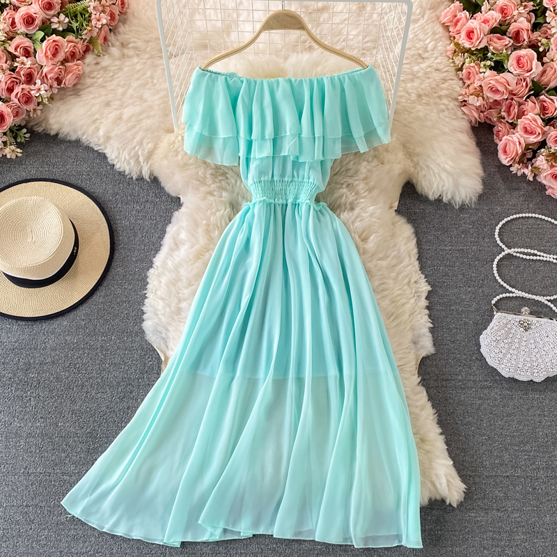 Gelbe feste Frauen Strand klei – Off Shoulder Puff Sleeve Sundress Bewertung und Preis