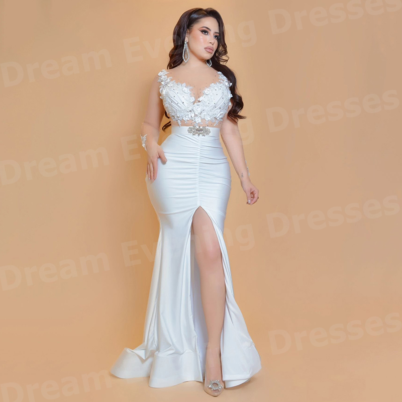 Elegante weiße Meerjungfrauen- – Elegant Satin Evening Gown Split Bewertung und Preis